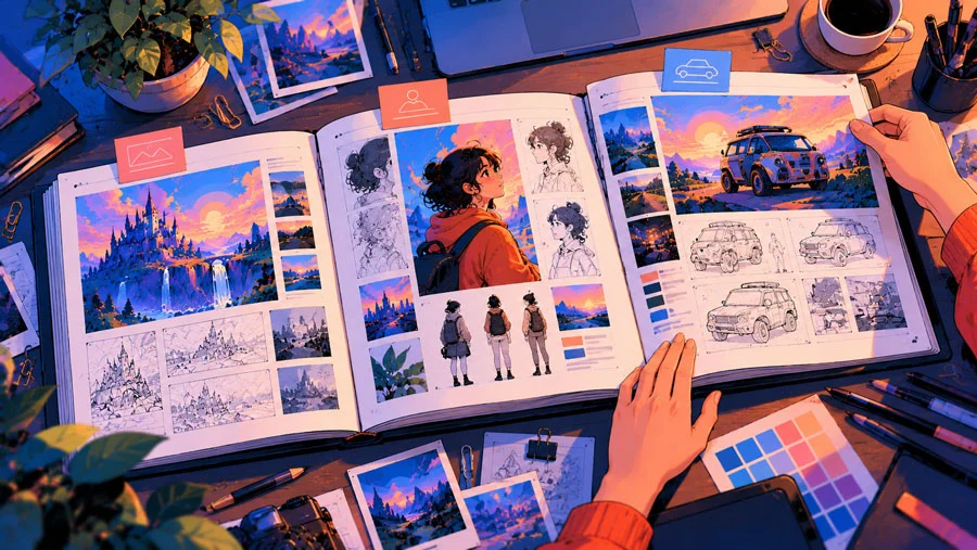 Write What You Love, Not What You Know: Find Creative Projects Worth Making 10 AI-generated illustration of an open portfolio showing concept pieces, process sketches and a small concept project tag