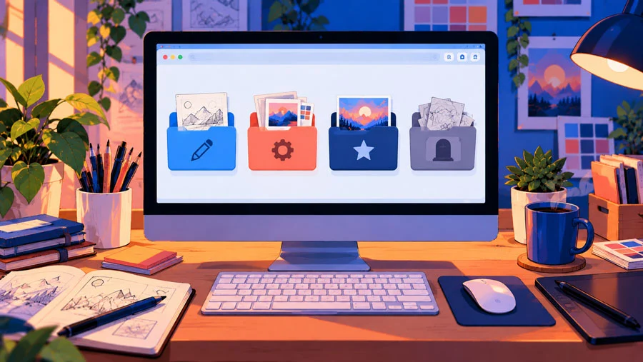 The Analog-Digital Loop: A Hands-On Workflow for Designers and Creators 11 AI-generated illustration of a computer screen with four tidy folders: sketches, working, final and graveyard