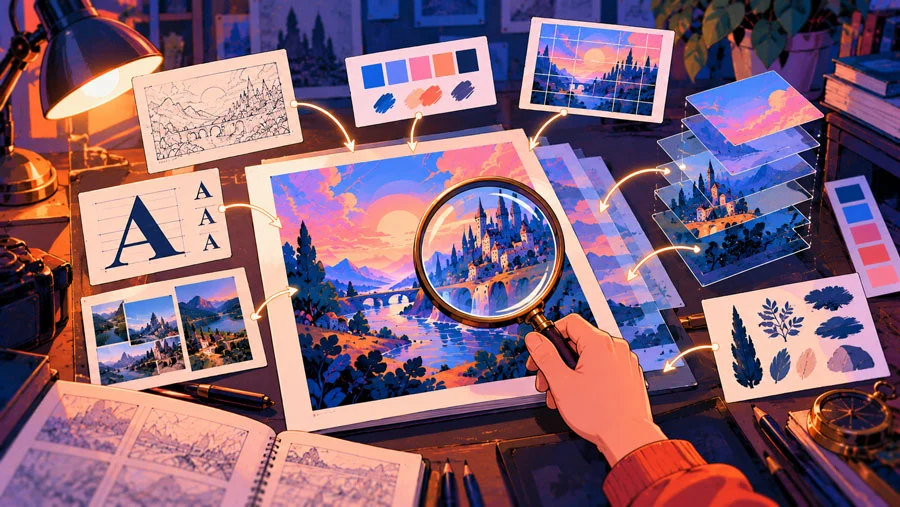Write What You Love, Not What You Know: Find Creative Projects Worth Making 11 AI-generated illustration of a magnifying glass over a layered artwork as its grid, color swatches and type float out