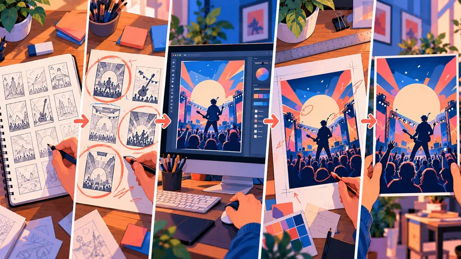 The Analog-Digital Loop: A Hands-On Workflow for Designers and Creators 12 AI-generated illustration of five panels of a festival poster: thumbnails, circled layouts, screen rebuild, printed markup and final