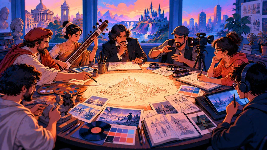 Write What You Love, Not What You Know: Find Creative Projects Worth Making 12 AI-generated illustration of silhouettes of a painter, musician, filmmaker and designer collaborating around one glowing sketch