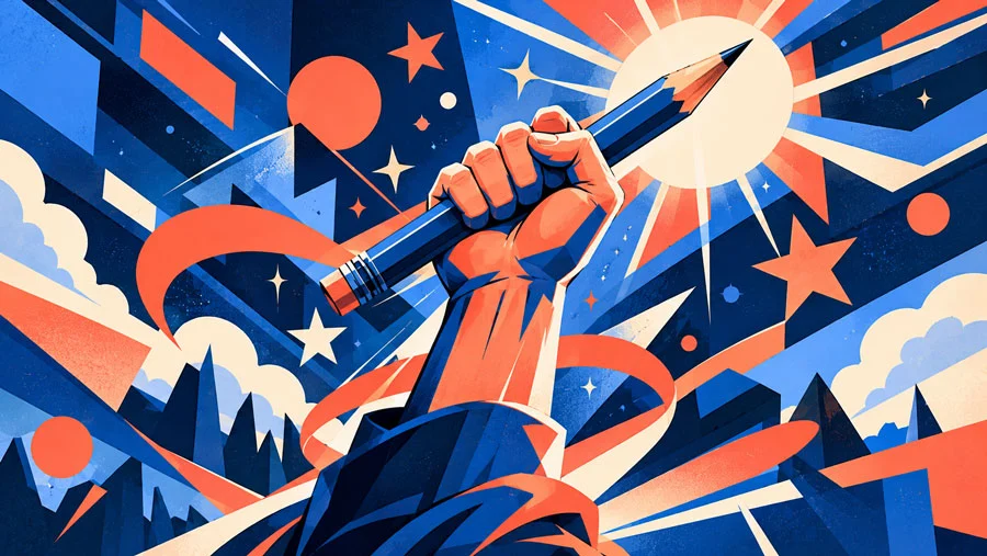 Write What You Love, Not What You Know: Find Creative Projects Worth Making 14 AI-generated illustration of a fist holding a pencil like a torch among geometric shapes and stars in a bold diagonal layout