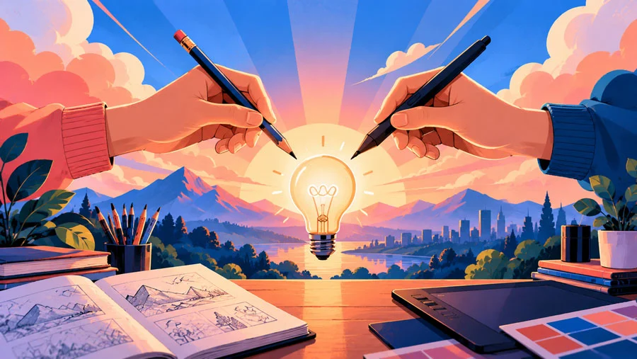 The Analog-Digital Loop: A Hands-On Workflow for Designers and Creators 15 AI-generated illustration of two hands, one holding a pencil and one a stylus, meeting over a glowing lightbulb at sunrise