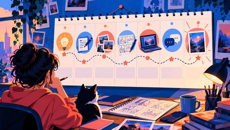 Write What You Love, Not What You Know: Find Creative Projects Worth Making 15 AI-generated illustration of a seven-day calendar with a small icon on each day, linked by a winding path