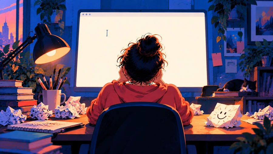 The Analog-Digital Loop: A Hands-On Workflow for Designers and Creators 1 AI-generated illustration of a person rigid before a blank glowing screen while a paper with a happy scribble sits beside them