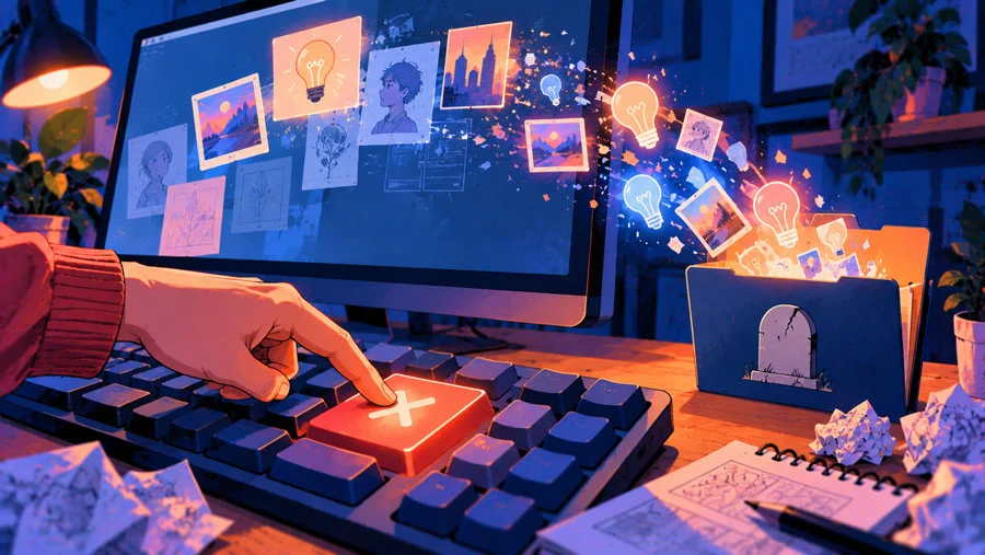 The Analog-Digital Loop: A Hands-On Workflow for Designers and Creators 2 AI-generated illustration of a keyboard with a large delete key, fading idea sparks and a graveyard folder catching a few of them