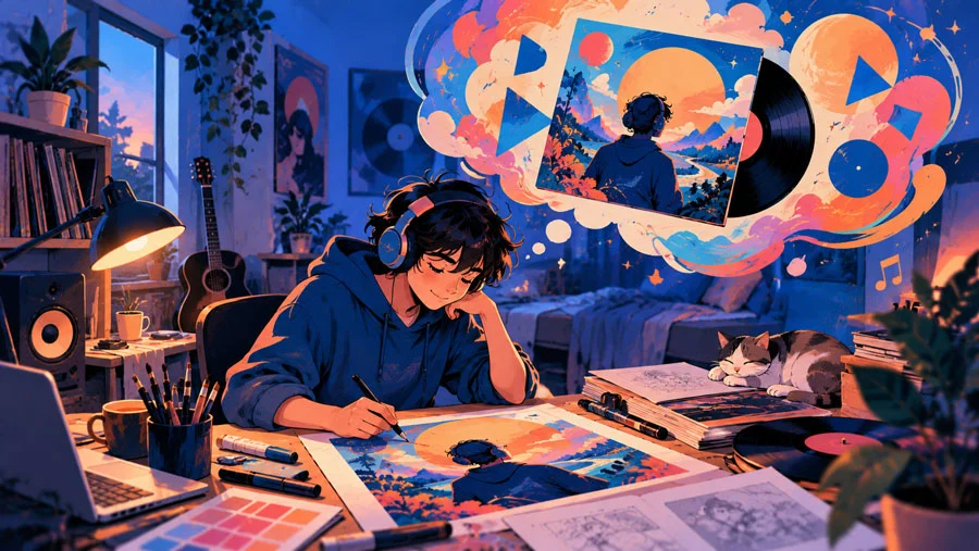 Write What You Love, Not What You Know: Find Creative Projects Worth Making 2 AI-generated illustration of a young person with headphones drawing an imagined album cover under a thought bubble of colorful shapes