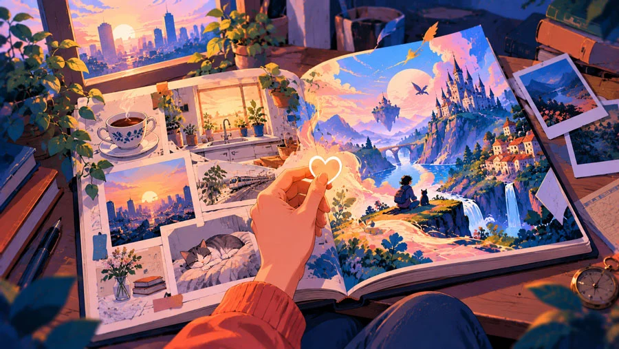 Write What You Love, Not What You Know: Find Creative Projects Worth Making 3 AI-generated illustration of a hand holding a glowing heart over a notebook of everyday details that blend into a fantasy landscape