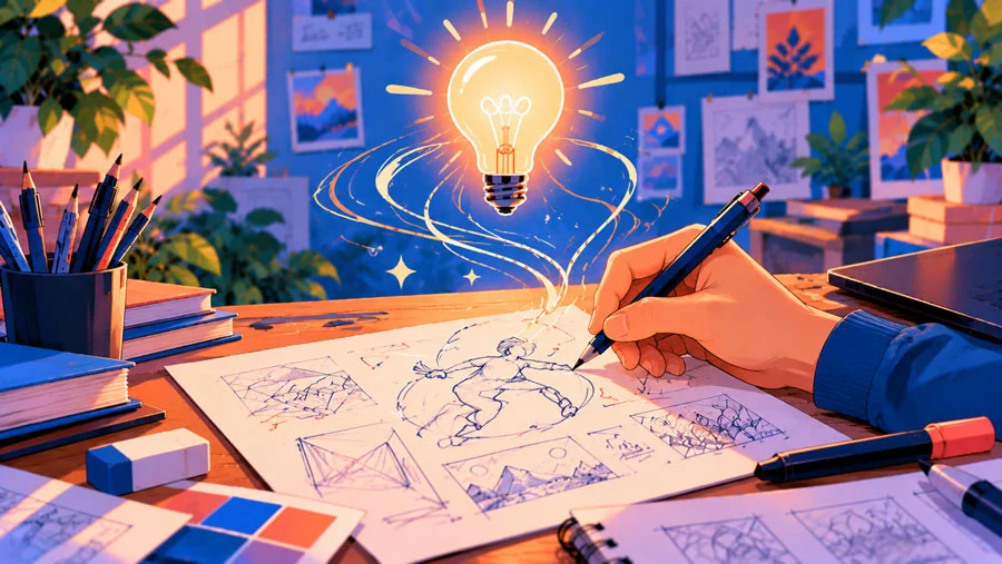 The Analog-Digital Loop: A Hands-On Workflow for Designers and Creators 3 AI-generated illustration of energetic hands sketching on paper with glowing lines rising to a lightbulb above