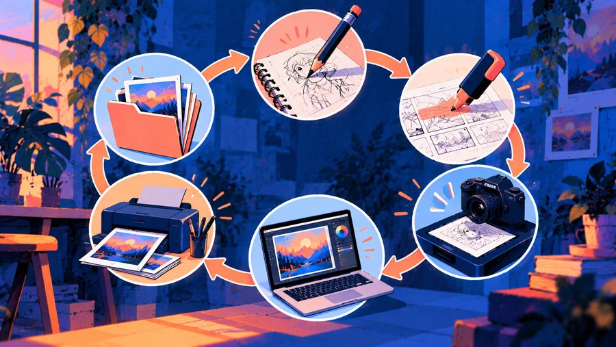 The Analog-Digital Loop: A Hands-On Workflow for Designers and Creators 4 AI-generated illustration of a circular six-step diagram: pencil, highlighter, scanner, laptop, printer with a pen, and a finished folder