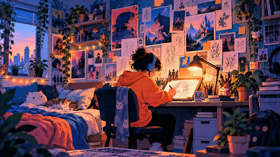 Write What You Love, Not What You Know: Find Creative Projects Worth Making 4 AI-generated illustration of a cozy bedroom wall covered in fan art and inspiration boards, a creator drawing at a small desk
