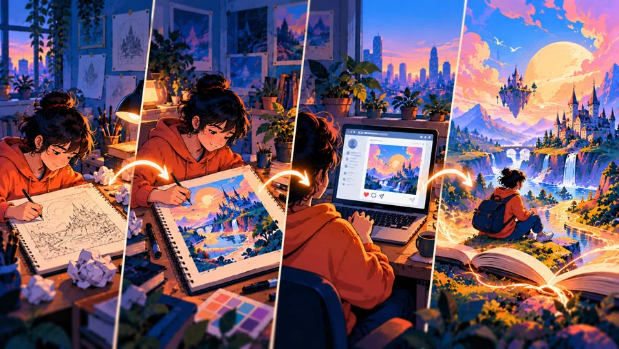 Write What You Love, Not What You Know: Find Creative Projects Worth Making 6 AI-generated illustration of four steps from a notebook draft to a polished page, an online post and an original glowing world