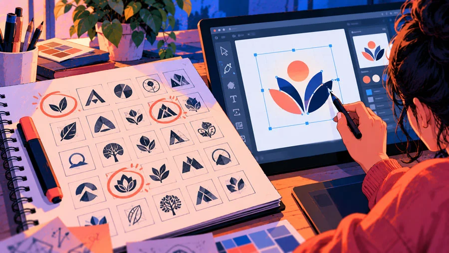 The Analog-Digital Loop: A Hands-On Workflow for Designers and Creators 6 AI-generated illustration of a page of 20 small logo thumbnails, three circled in coral, and a pen tool tracing the best one on a screen