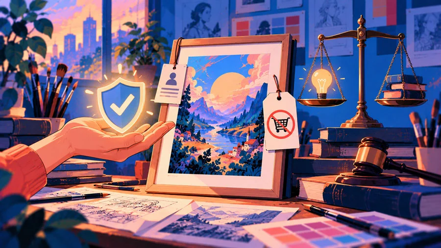 Write What You Love, Not What You Know: Find Creative Projects Worth Making 7 AI-generated illustration of an open hand holding a checkmark shield beside an artwork with a credit tag and a not-for-sale tag