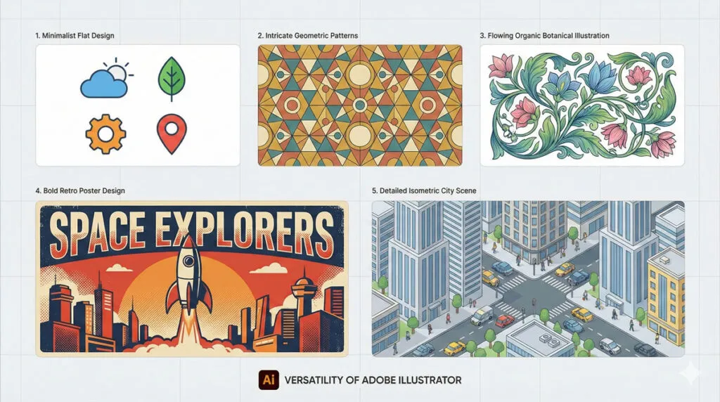 What Is Adobe Illustrator? Beginner’s Guide & Photoshop Comparison 3 Examples of different vector design styles created with Adobe Illustrator