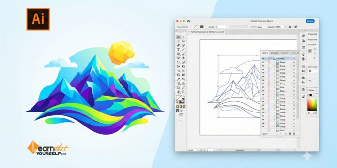 Adobe Illustrator vector design interface showing workspace and tools