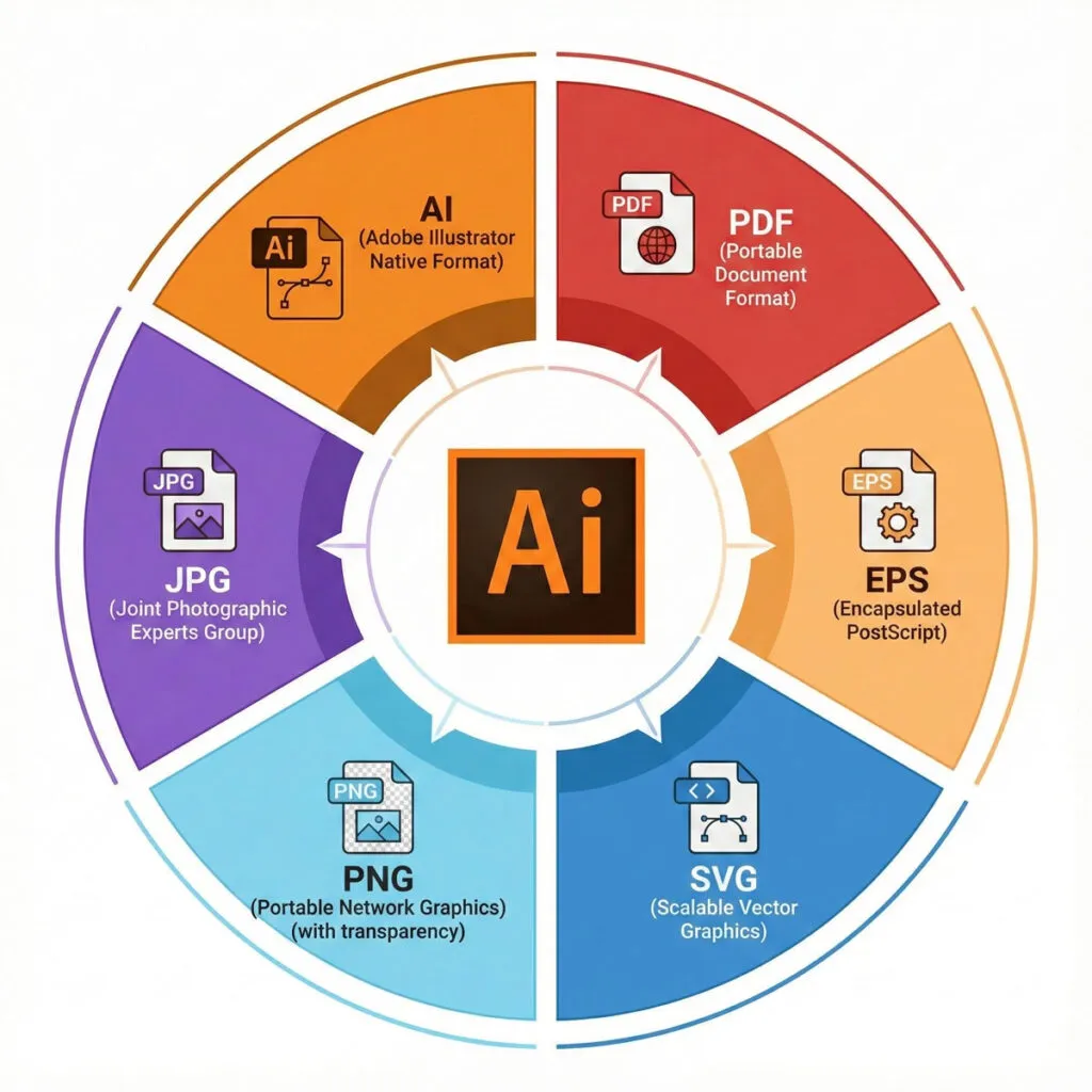What Is Adobe Illustrator? Beginner’s Guide & Photoshop Comparison 6 Infographic showing Adobe Illustrator file format options