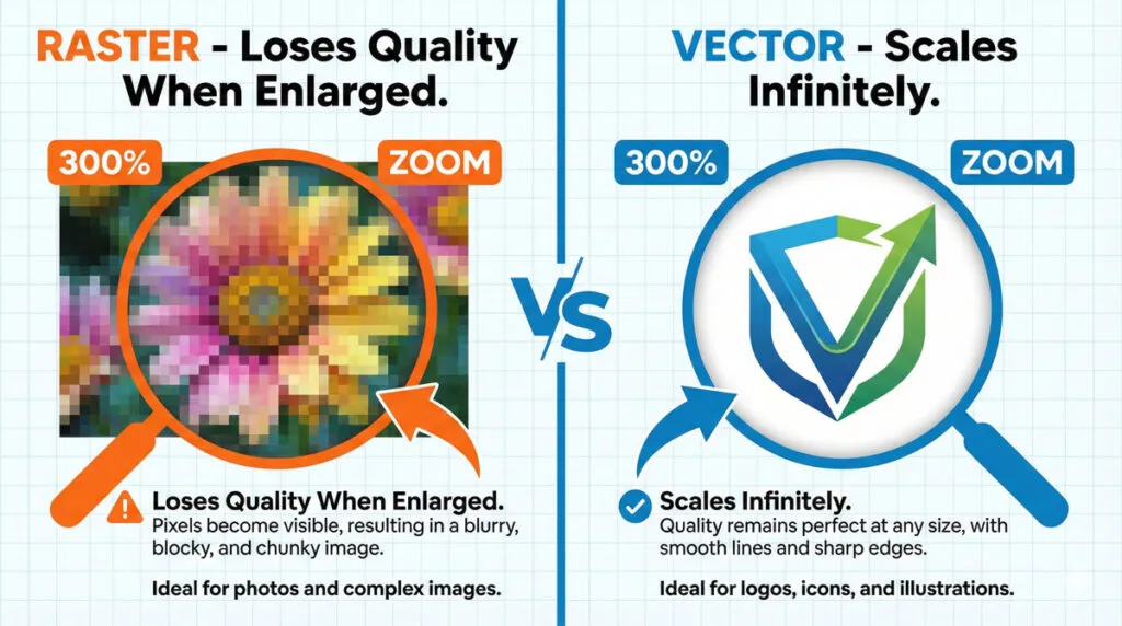 What Is Adobe Illustrator? Beginner’s Guide & Photoshop Comparison 4 Visual comparison showing vector graphics scaling perfectly versus raster graphics becoming pixelated