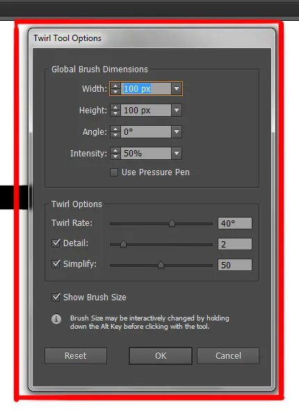 Width Tool in illustrator 13 twirl tool options dialog box in illustrator