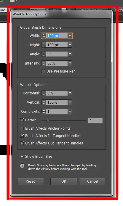 Width Tool in illustrator 21 wrinkle tool options dialog box in illustrator