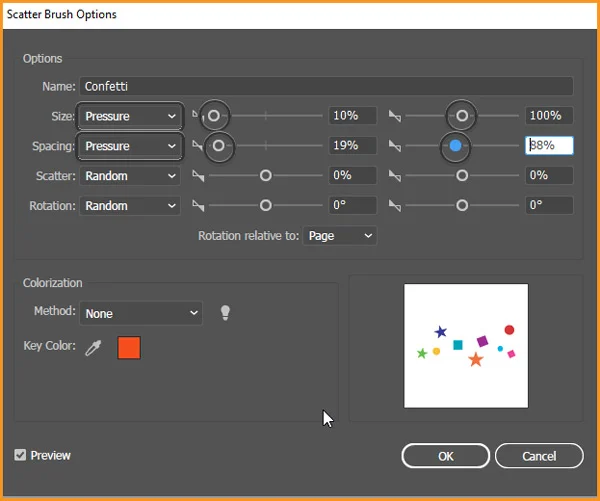 How to set Brush Pressure in Illustrator 19 scatter brush options