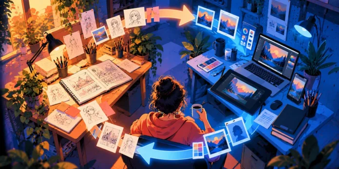 AI-generated illustration of a warm analog desk with sketches and a cool digital desk with a laptop, joined by glowing loop arrows