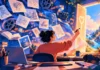 Write What You Love, Not What You Know: Find Creative Projects Worth Making AI-generated illustration of a creator among floating sketches, film reels and music notes drawing a glowing heart-marked door