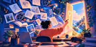 Write What You Love, Not What You Know: Find Creative Projects Worth Making AI-generated illustration of a creator among floating sketches, film reels and music notes drawing a glowing heart-marked door