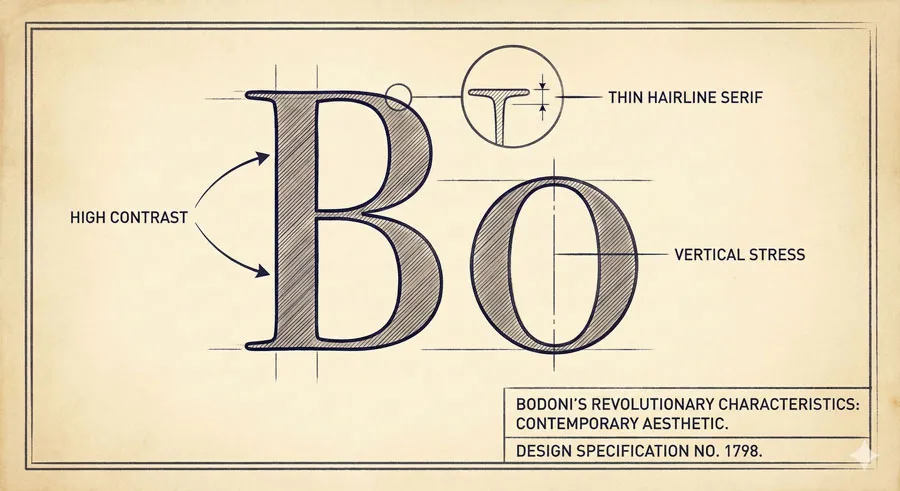 Bodoni - Theatrical Prestige Aesthetics 6 Bodoni Typeface: High-Contrast Revolutionary Design