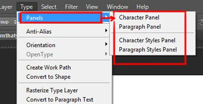 Type menu in Photoshop 1 type menu | panels | Character Panel | Paragraph panel | character styles panel | paragraph styles panel