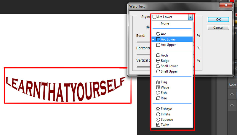 warp text options dialog box in photoshop