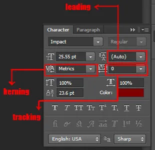 Type menu in Photoshop 4 leading, kerning, tracking in character panel in photoshop