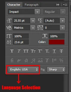 Type menu in Photoshop 6 language selection in character panel in photoshop