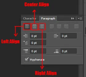 Type menu in Photoshop 7 Alignment in paragraph panel in photoshop