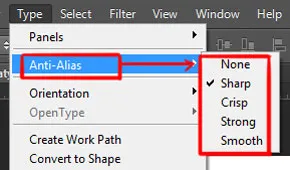 Type menu in Photoshop 8 anti-alias option under type menu in photoshop