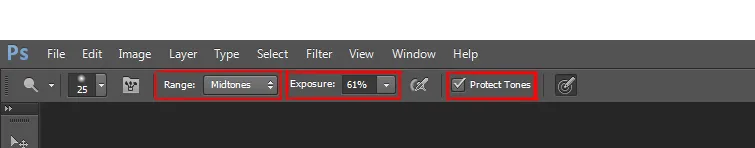 Burn, Dodge & Sponge Tool in Photoshop 3 range, exposure & protect tone options in photoshop