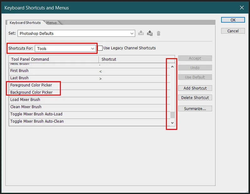 Foreground Color, Background Color, Stroke & Fill 2 keyboard shortcuts and menus dialog box in photoshop