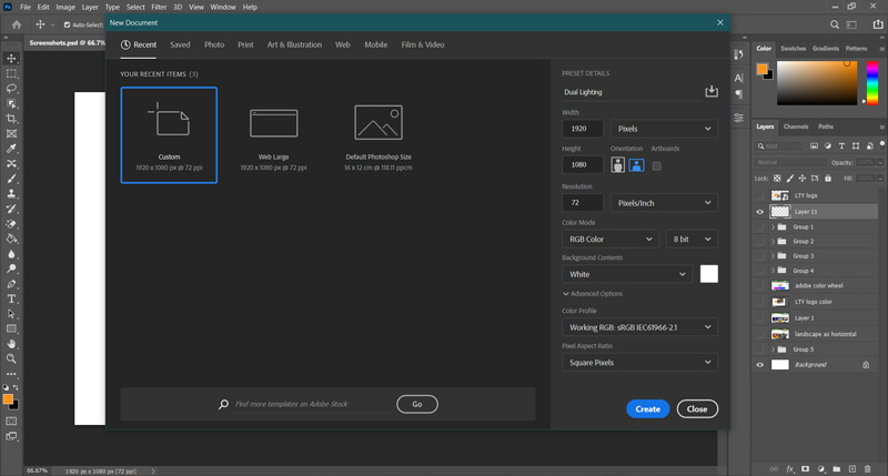 new document dialog box in photoshop