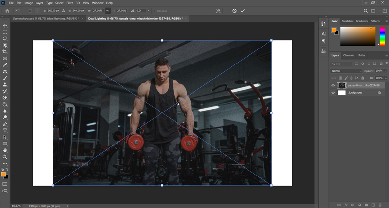 free transformation option on image chosen for dual light effect in photoshop