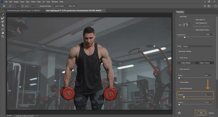 Dual light effect 19 smooth option in select and mask in photoshop and ok button