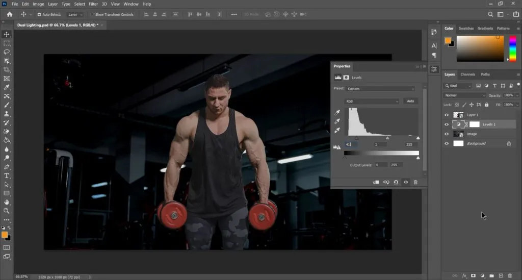 Dual light effect 24 properties of level adjustment layer open in photoshop