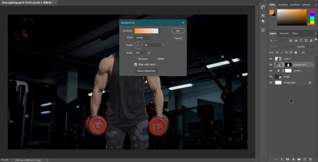 Dual light effect 29 gradient fill dialog box in photoshop