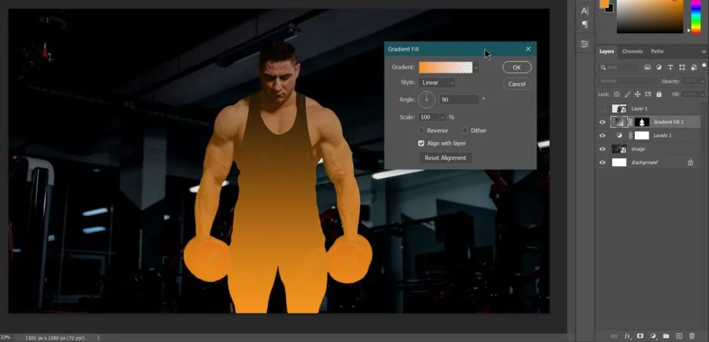Dual light effect 30 applying gradient fill dialog box in photoshop