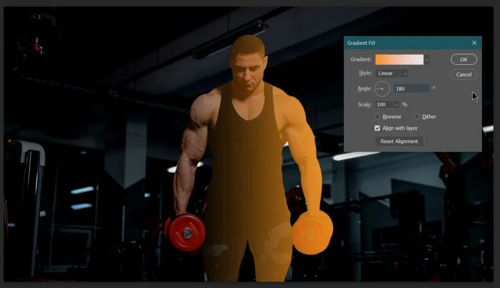 Dual light effect 31 gradient fill covering more than 50% of subject selected for dual light effect in photoshop
