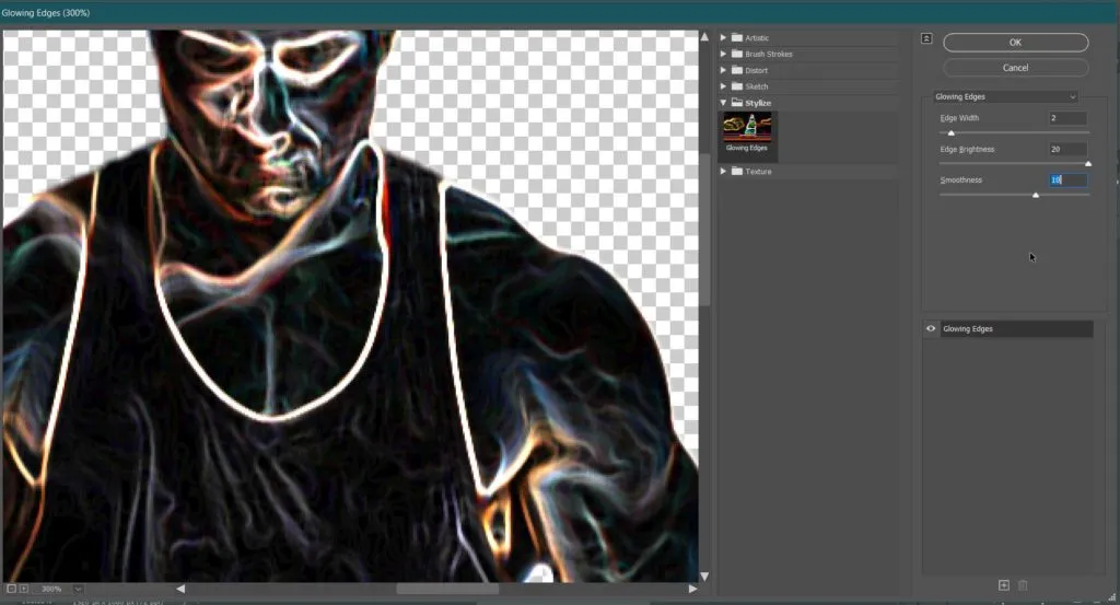 Dual light effect 34 glowing edges filter applied to subject for dual light effect in photoshop