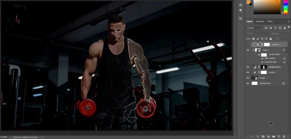 Dual light effect 35 after applying gaussian blur and glowing edge filter on subject selected for dual light effect in photoshop