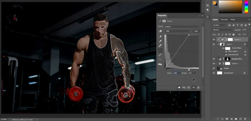 Dual light effect 36 curves properties opened in photoshop