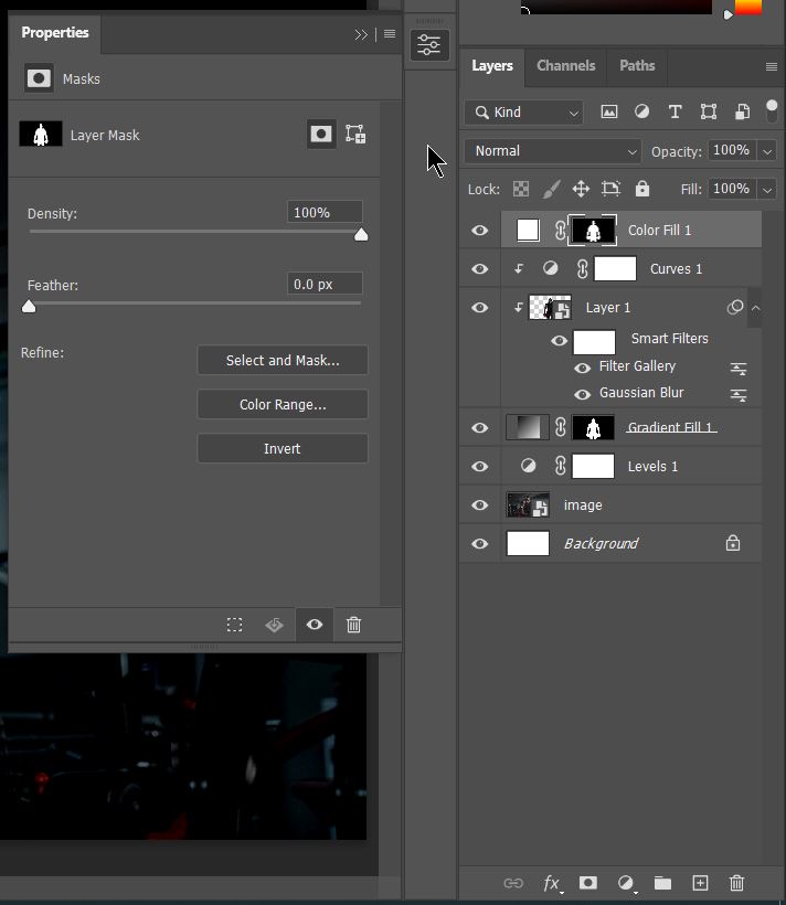 properties panel open and mask selected in layer panel in photoshop
