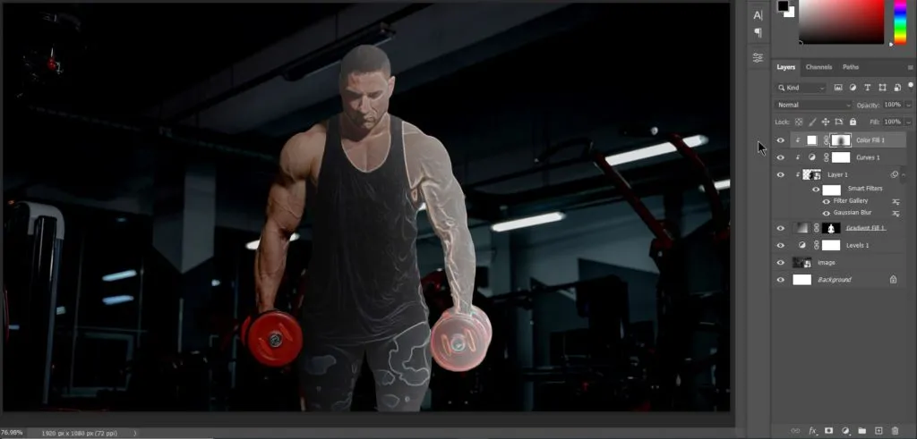 Dual light effect 44 after clip masking the solid color adjustment layer to the subject in photoshop