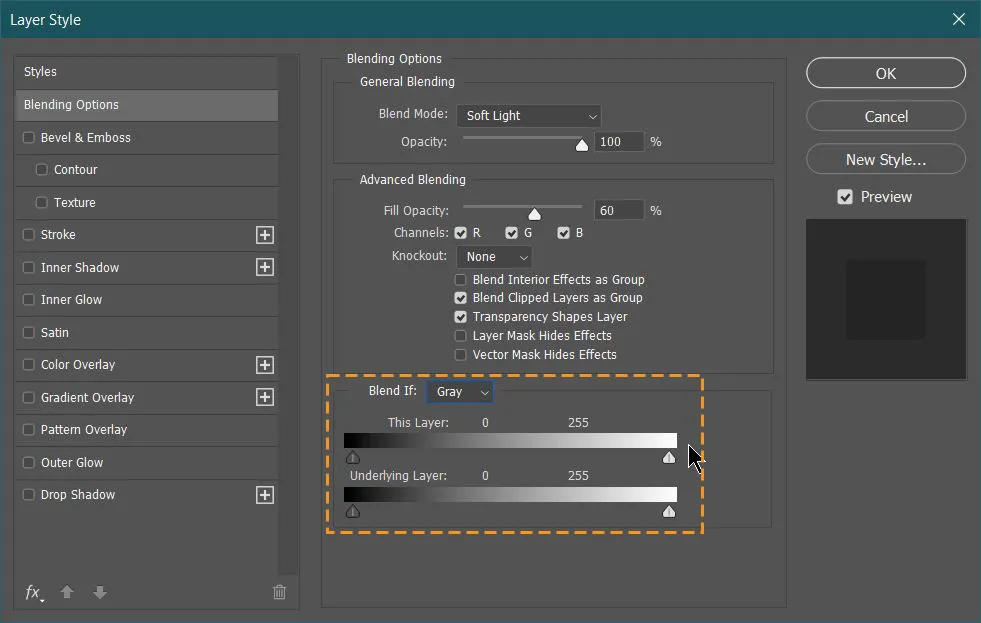 Dual light effect 50 blend if option in layer style dialog box in photoshop